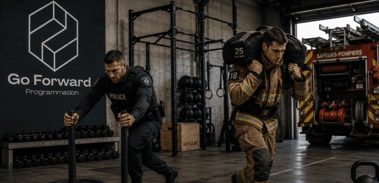 Un policier pousse un traîneau et un sapeur-pompier porte un sac lesté pendant un entraînement